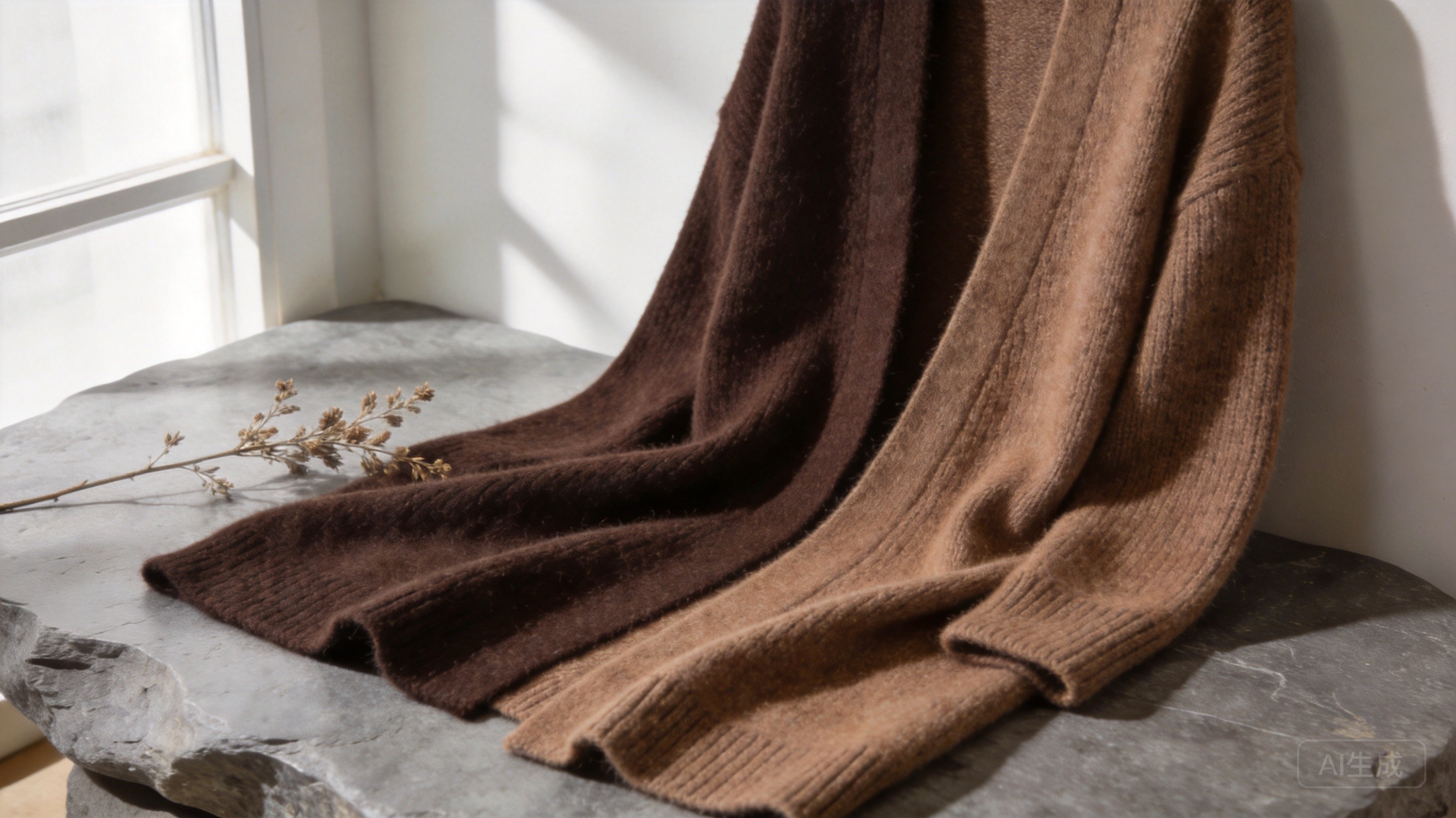 Alpaca blend knitwear draped on stone surface