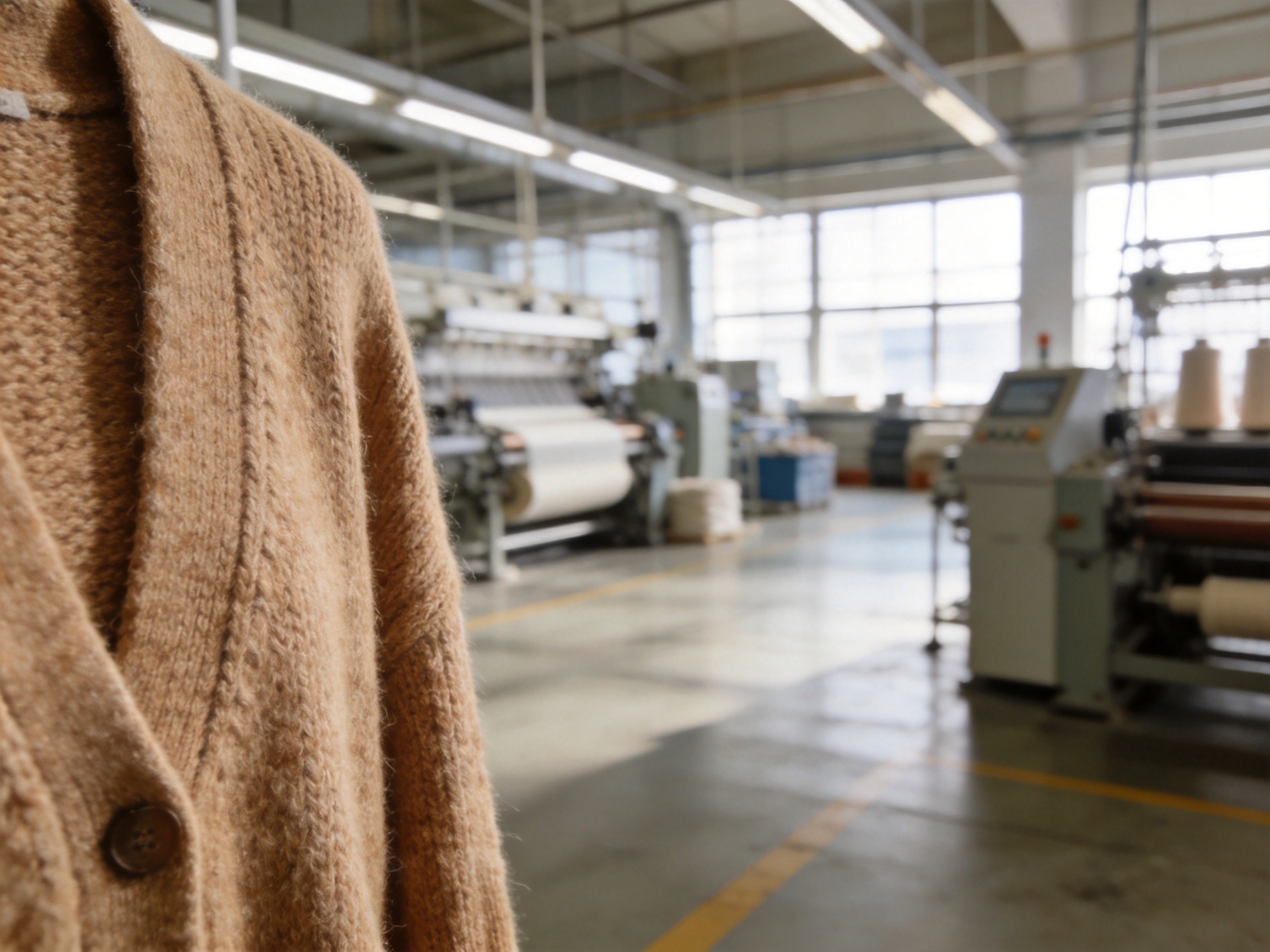 Clean modern knitwear factory floor with natural lighting representing ethical manufacturing