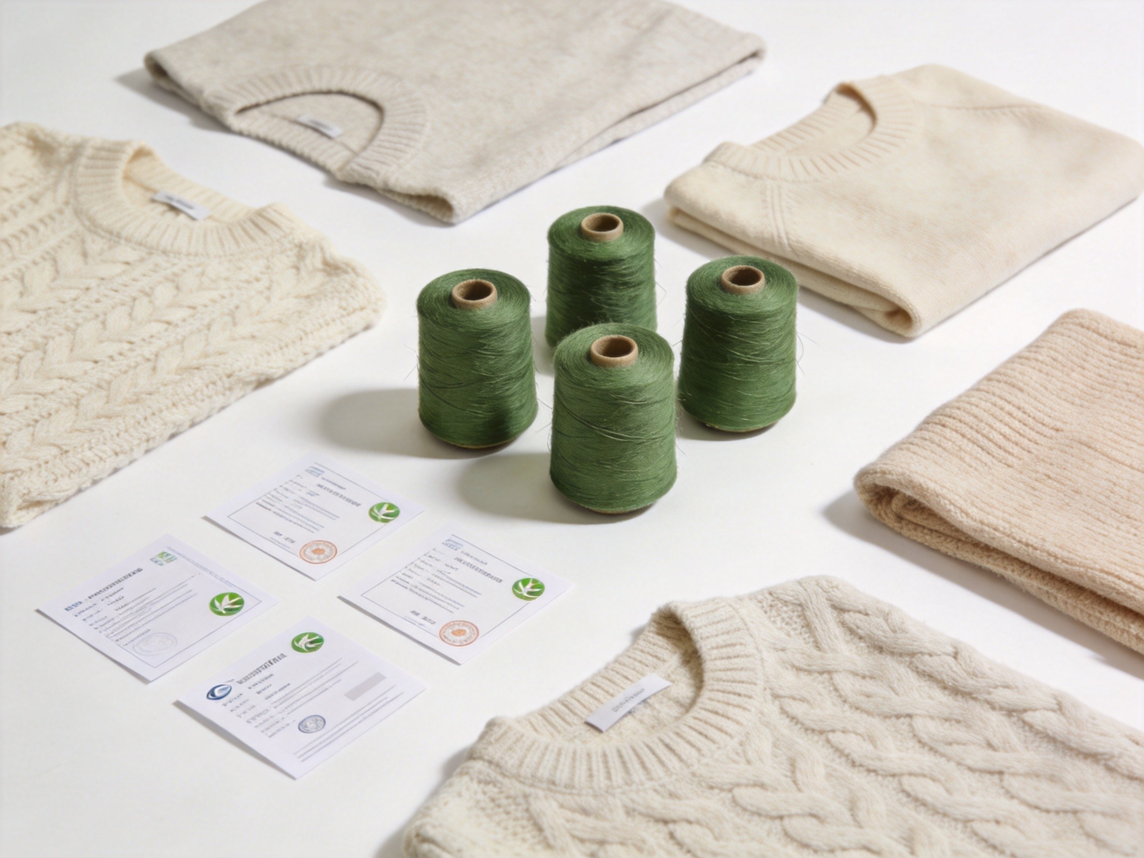 Knitted garment samples with certification documentation representing supply chain transparency