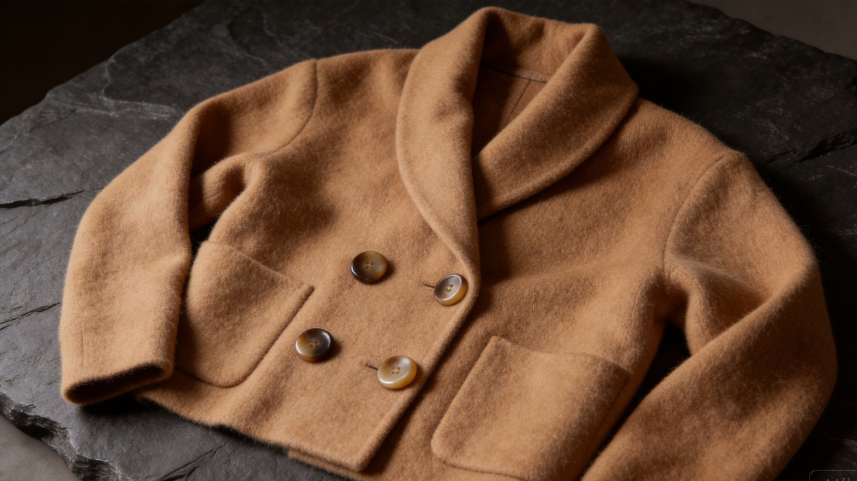 Luxury shawl collar cardigan in camel cashmere blend with horn buttons on dark stone surface