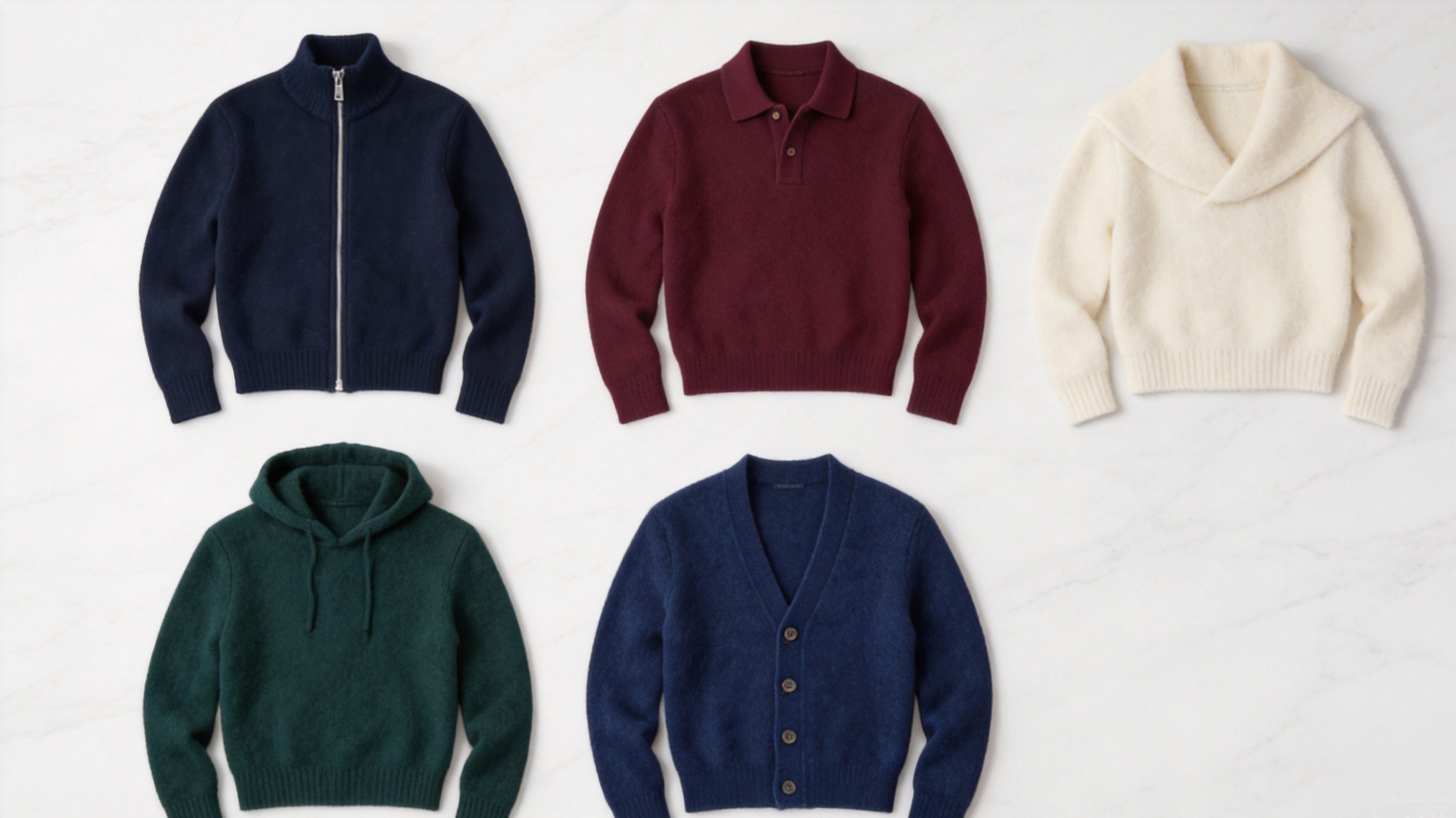 Flat lay of five knitted cardigans showing silhouette diversity: zip-up, polo collar, shawl collar, hooded, and V-neck button-front