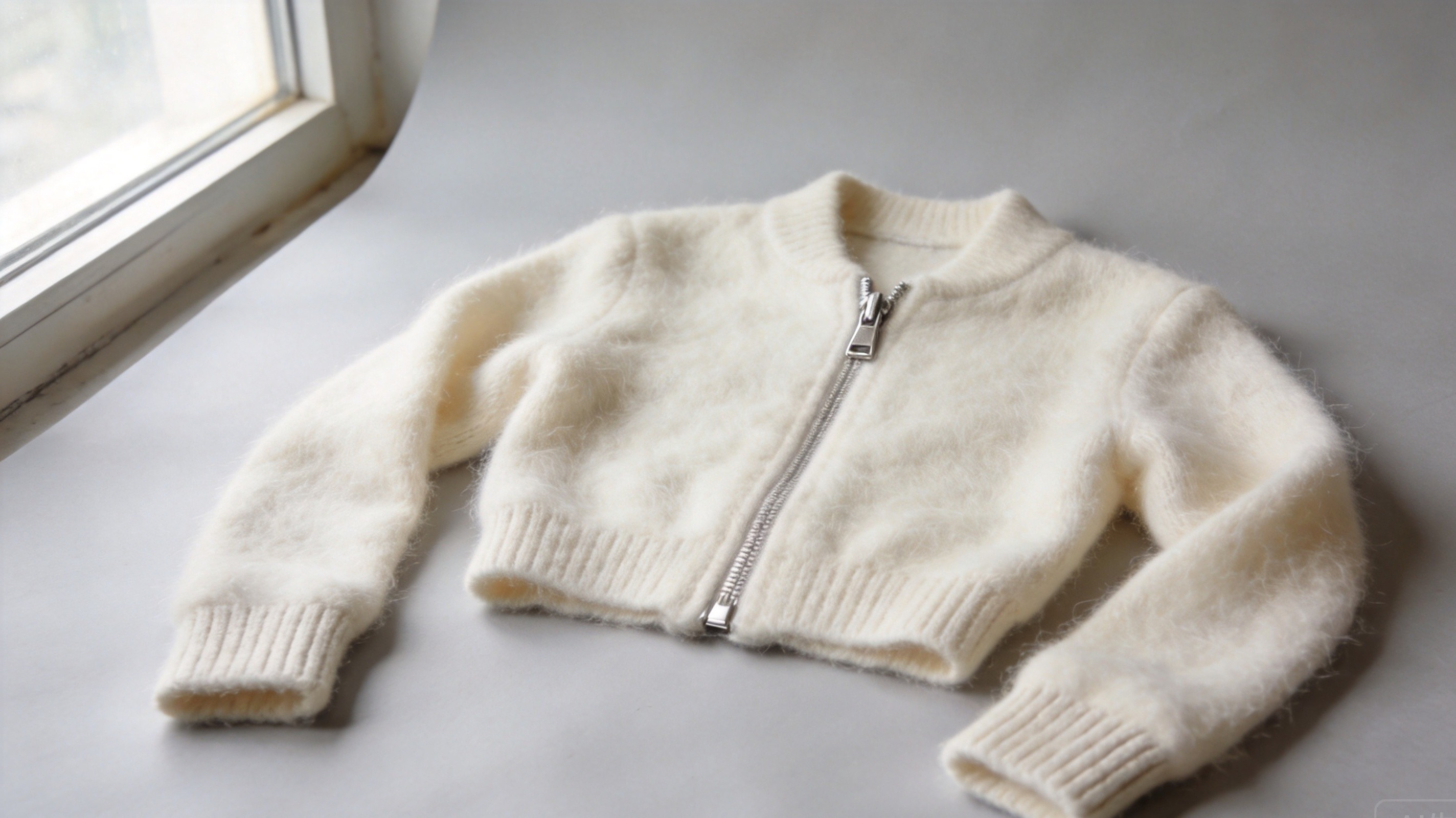 Premium zip-up cardigan in mohair blend fabric, cropped silhouette with metallic zipper detail