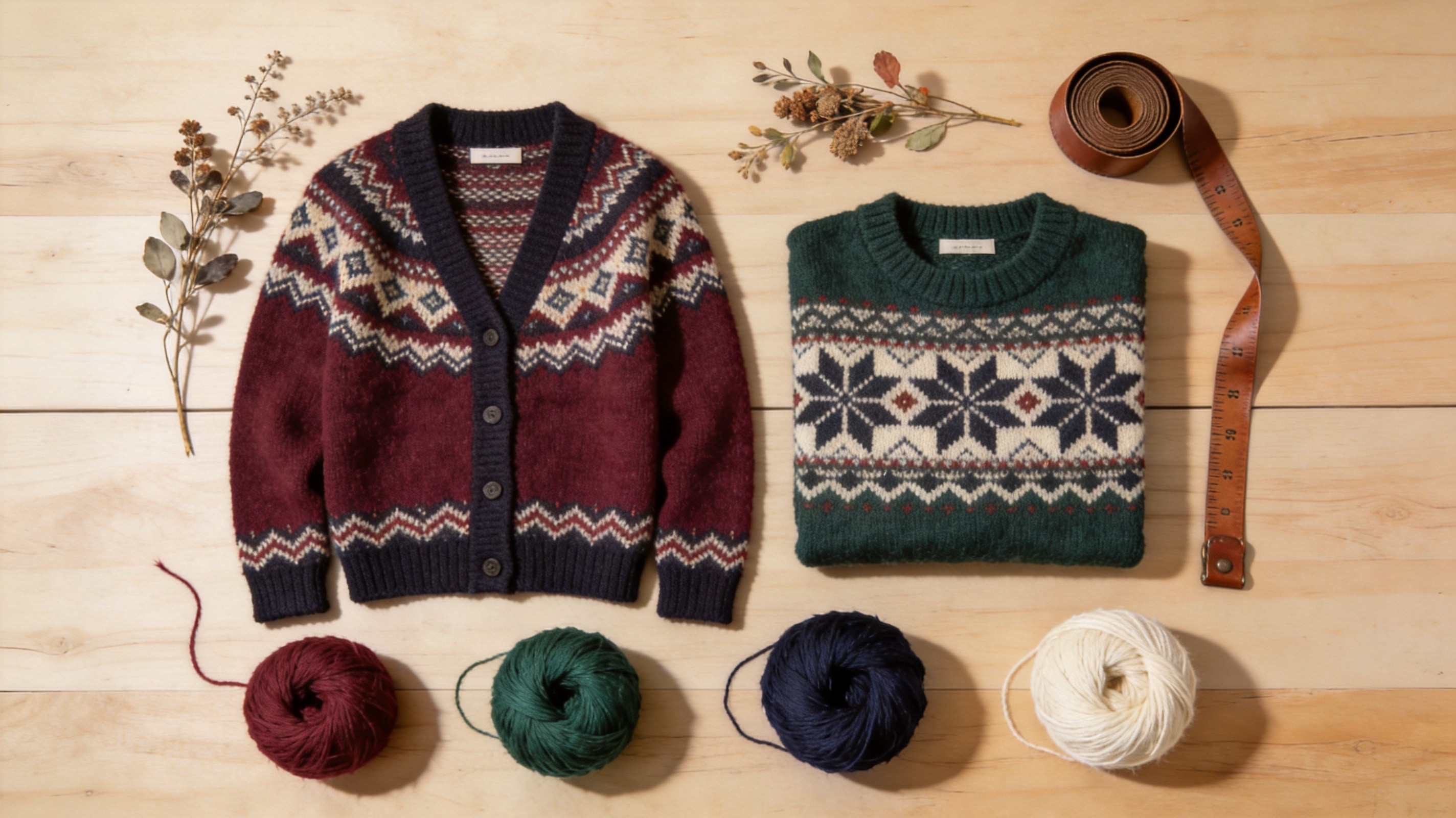 Modern Fair Isle knitwear flatlay collection