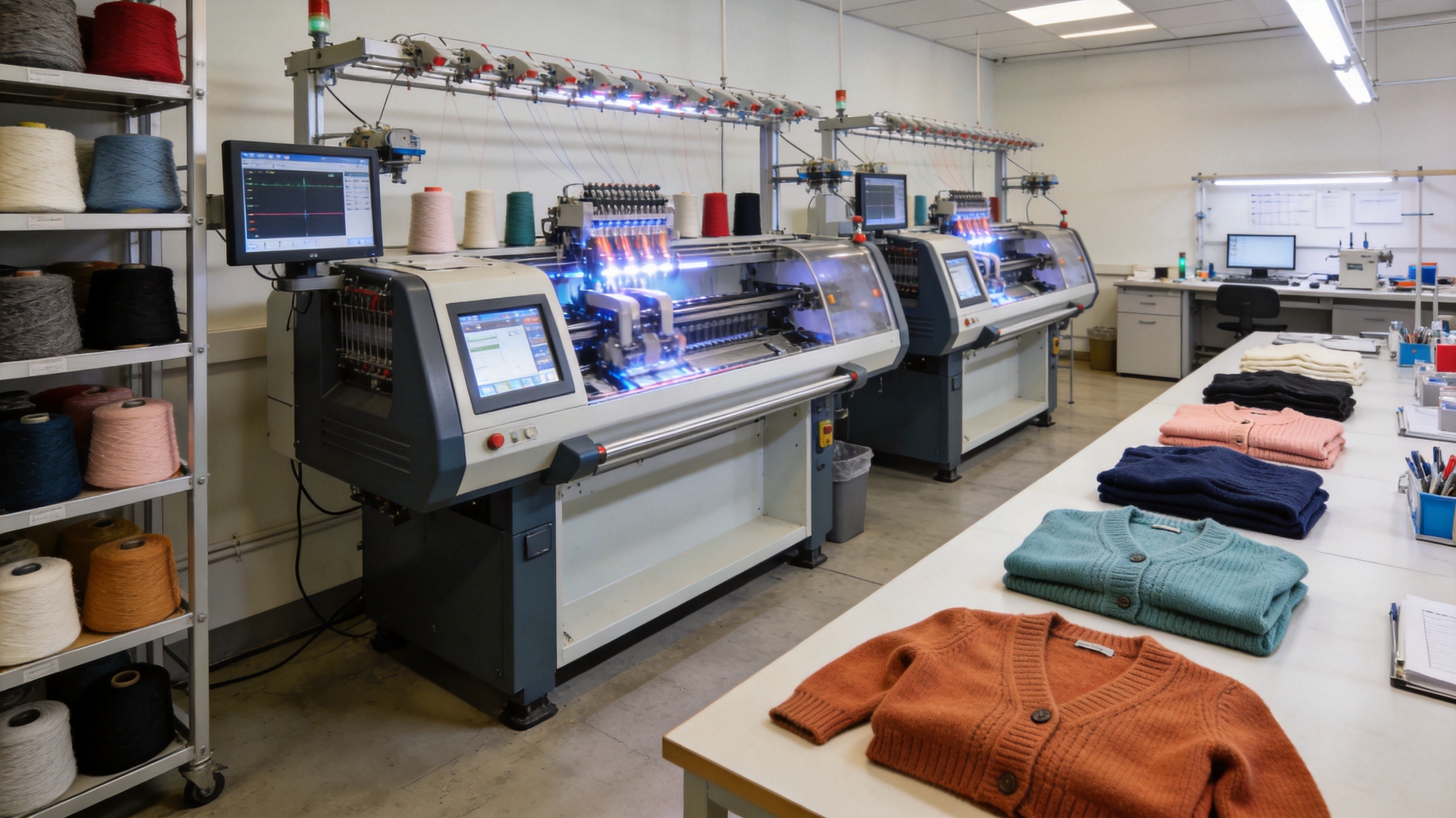 Modern knitwear factory in Taizhou with computerized flat knitting machines and yarn storage
