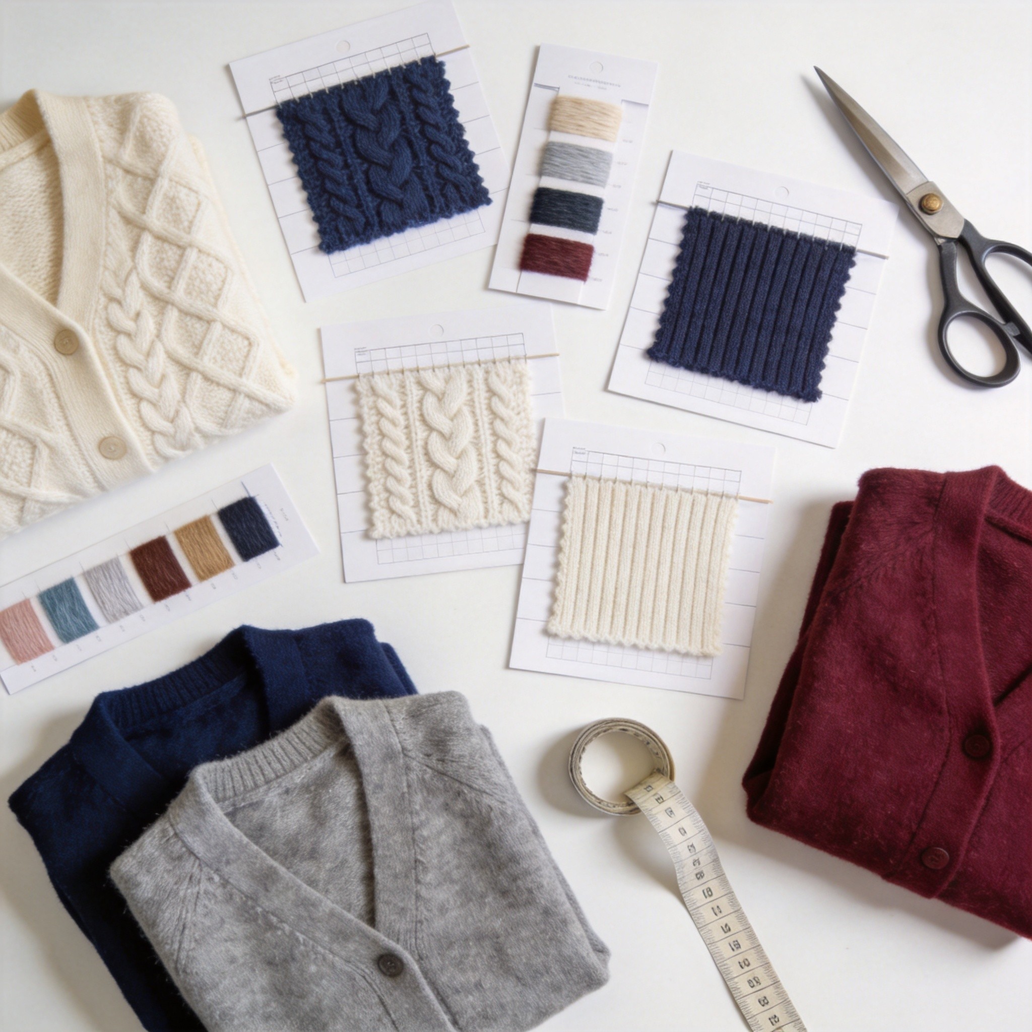 Knitwear sampling flat lay showing different gauge swatches and yarn cards from Taizhou factories