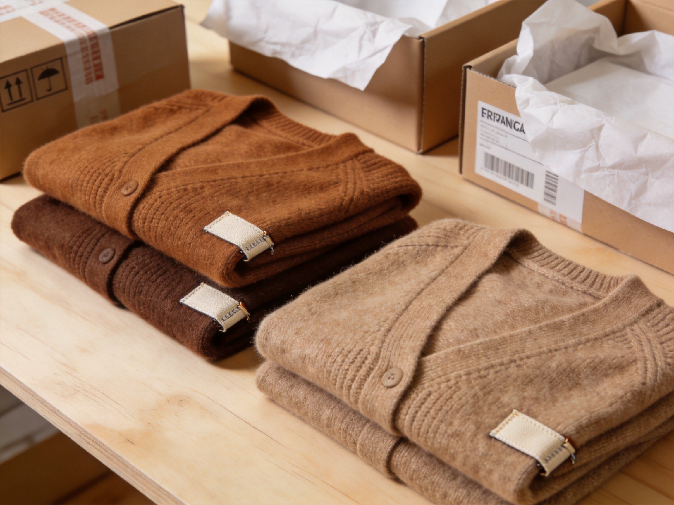 B2B knitwear care label compliance — labeled knitted pullovers and cardigans ready for international shipping