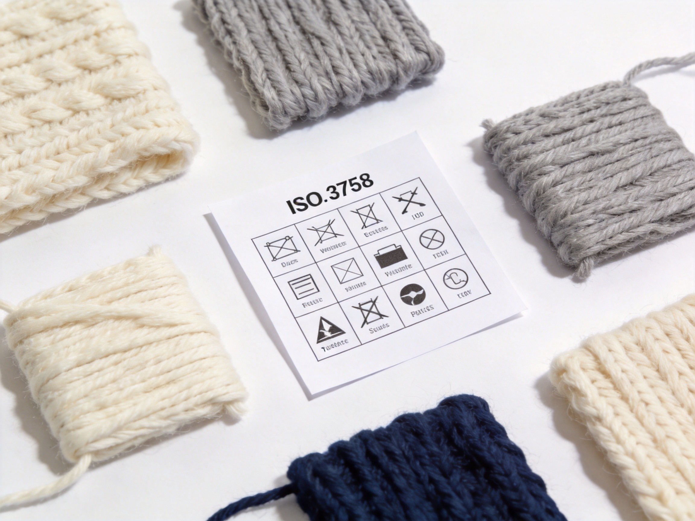 ISO 3758 care labeling symbol reference chart for knitted garments — washing, bleaching, drying, ironing and professional care symbols