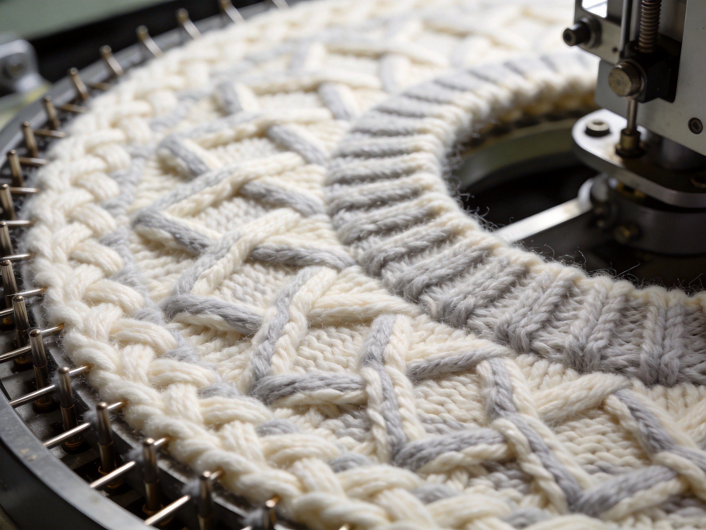 Close-up macro of 3D textured cable knit on industrial knitting machine AW 2026