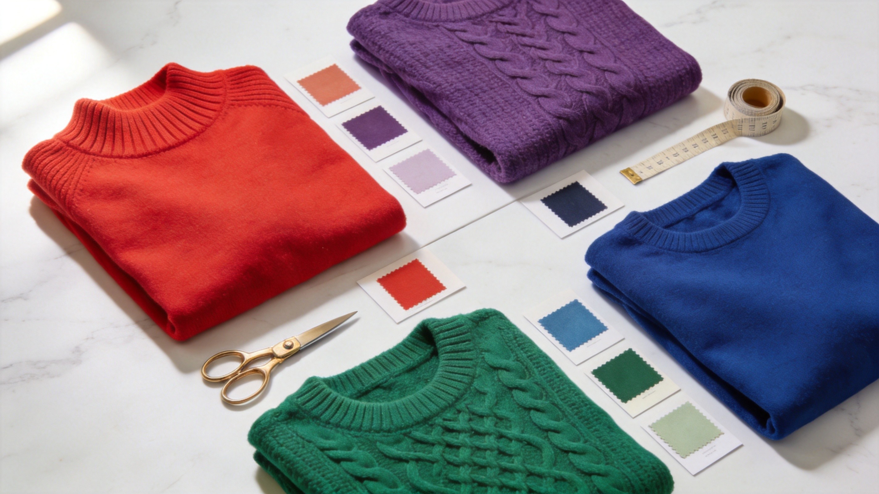 Color-block flat lay of colorful knitwear in fire-truck red, royal purple, shamrock green, and cobalt blue — B2B wholesale