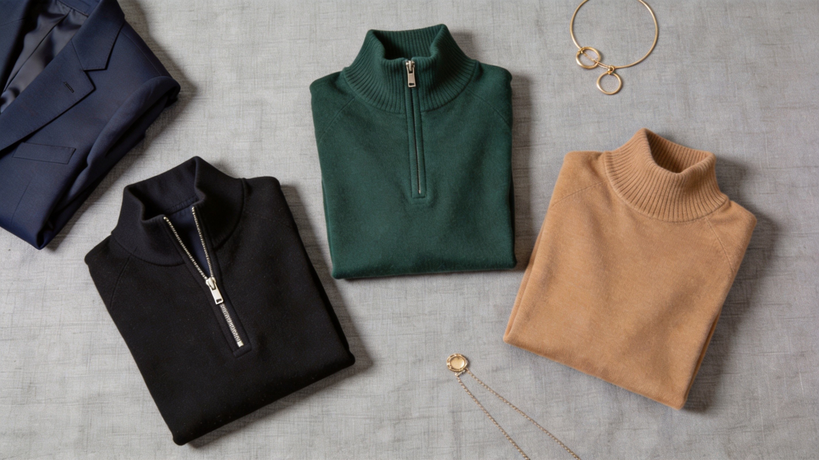 Flat lay of funnel-neck knitwear in three collar styles — sculpted cardigan, half-zip pullover, and soft funnel — with a tailored blazer