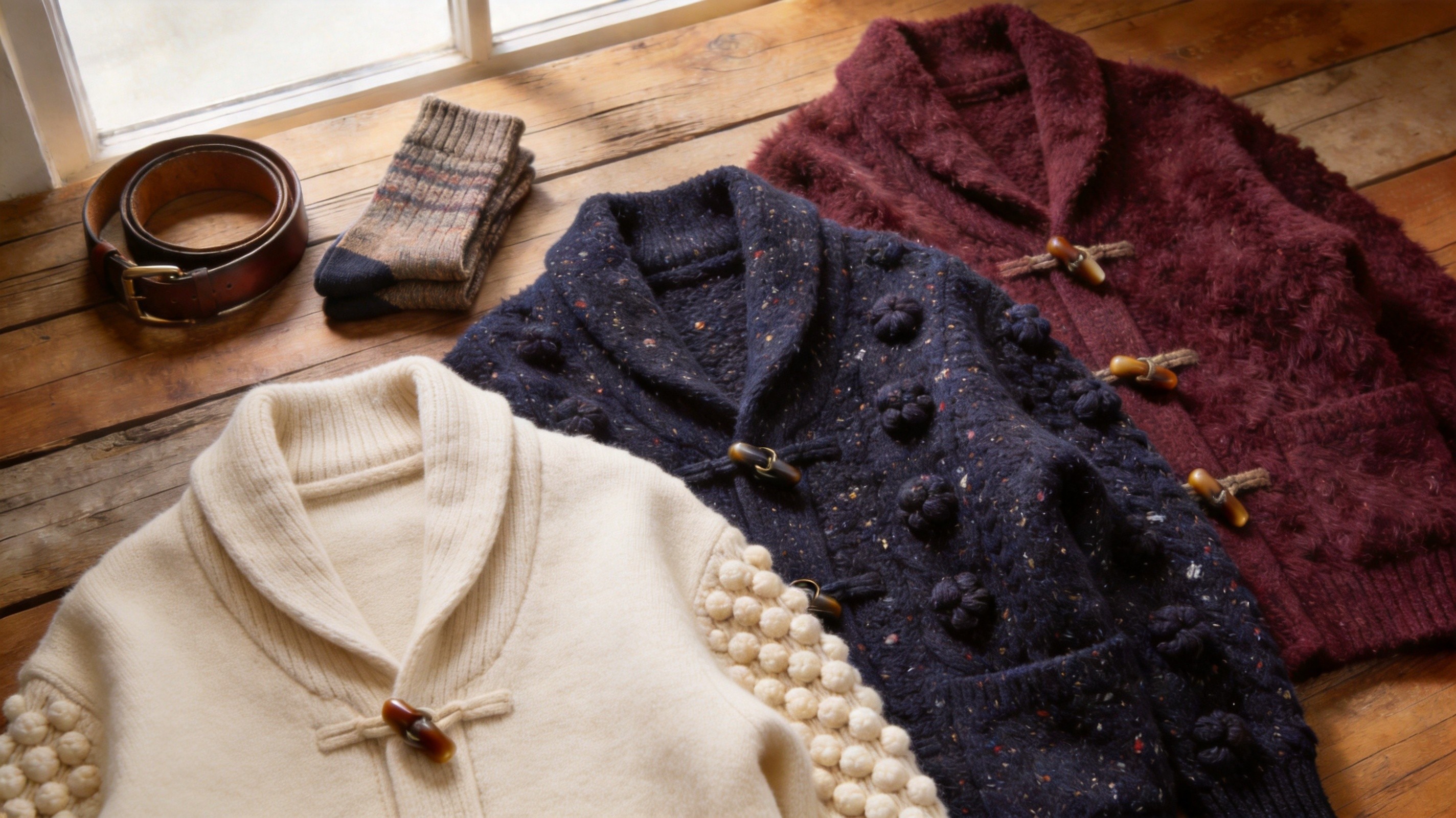 Flat lay collection of chunky knit grandpa cardigans in cable, flecked, and fisherman stitches across cream, navy-chocolate, and burgundy with vintage wooden props