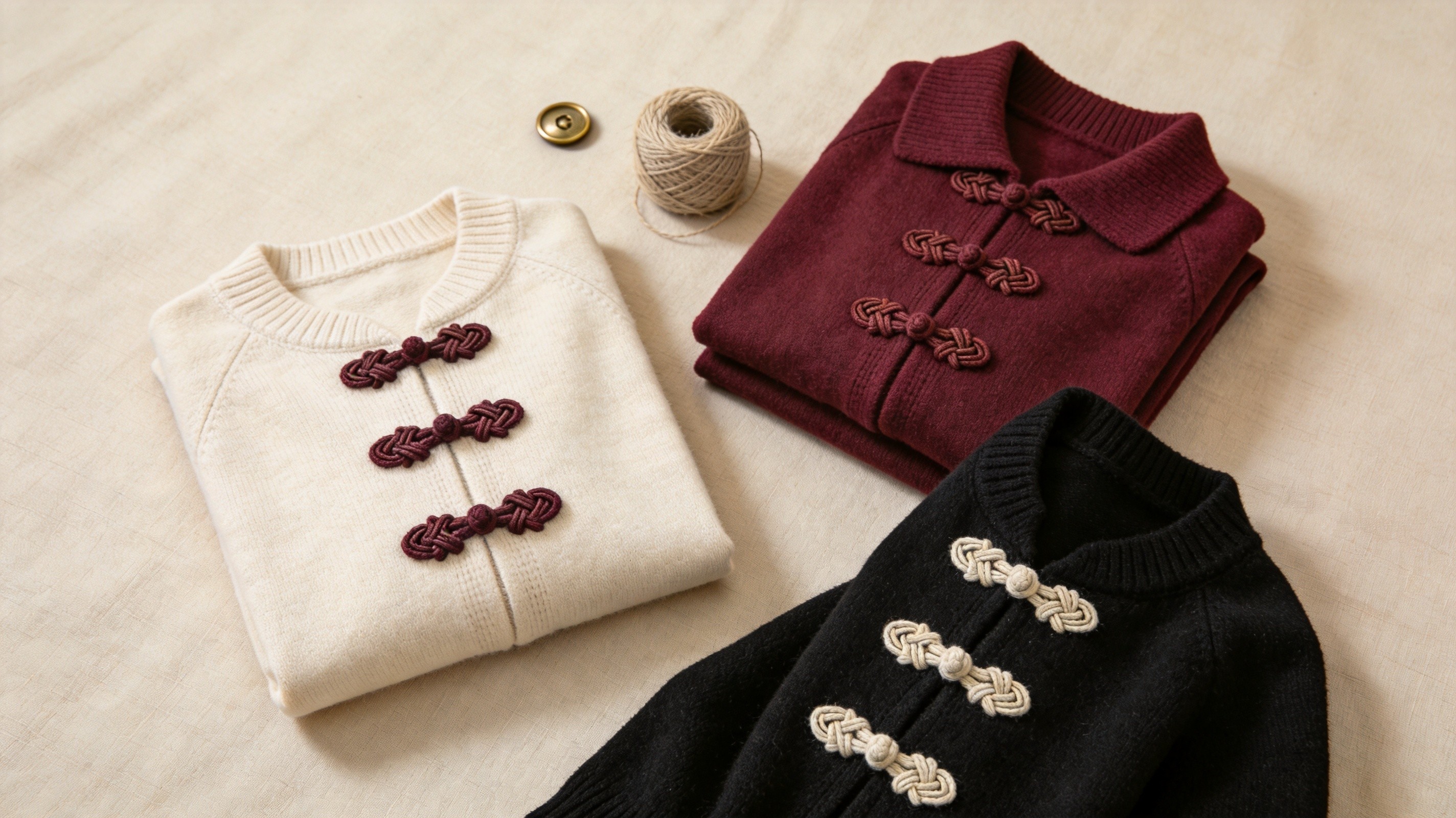 Flat lay collection of frog fastening cardigans in three styles — classic pankou knot, toggle hybrid, and mandarin collar — in pearl grey, burgundy, and cream, B2B wholesale knitwear
