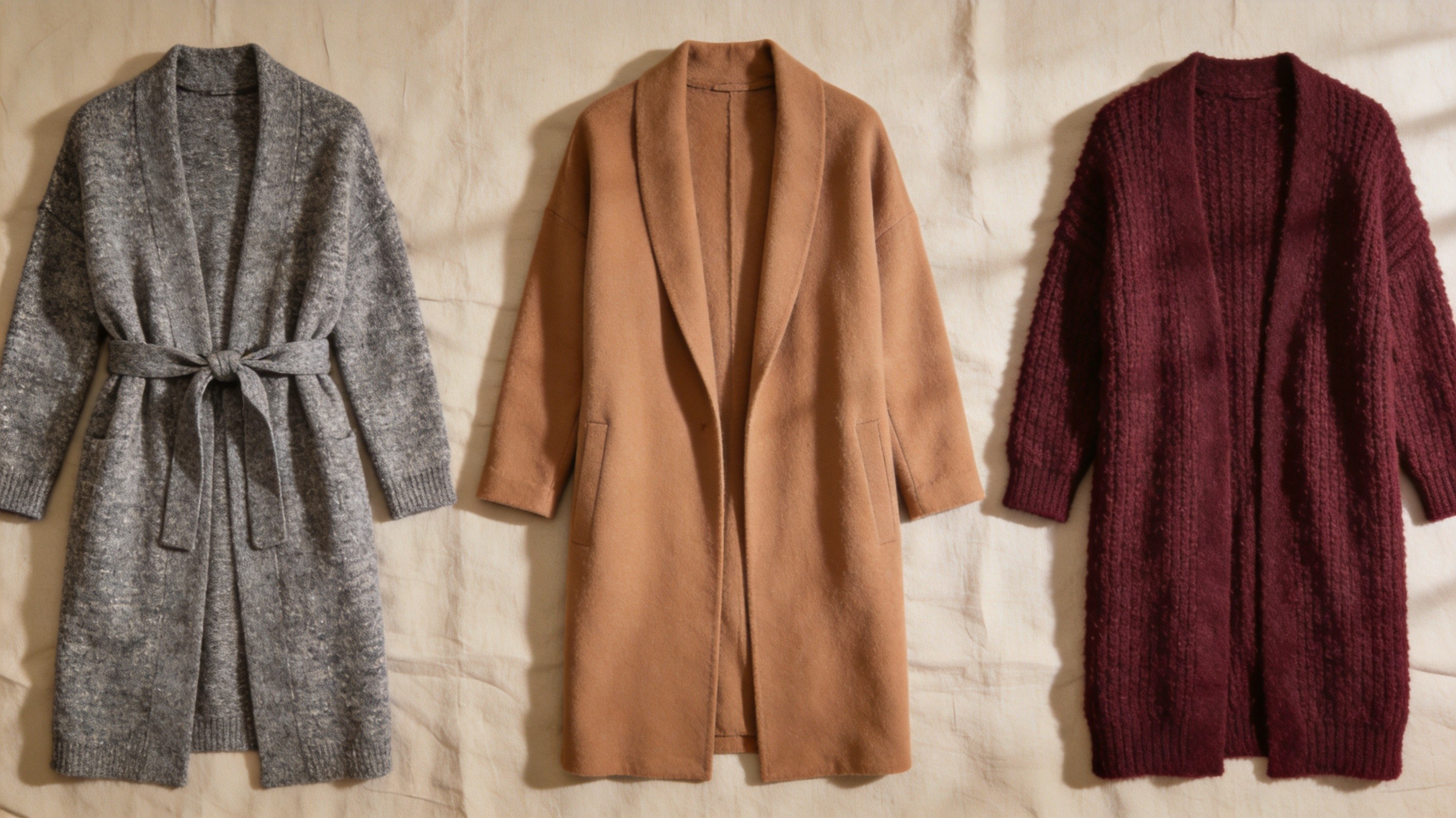 Flat lay of three long knit coatigans in heathered grey, camel tan and deep burgundy, belted and lapel cardigan-coat hybrids on beige linen