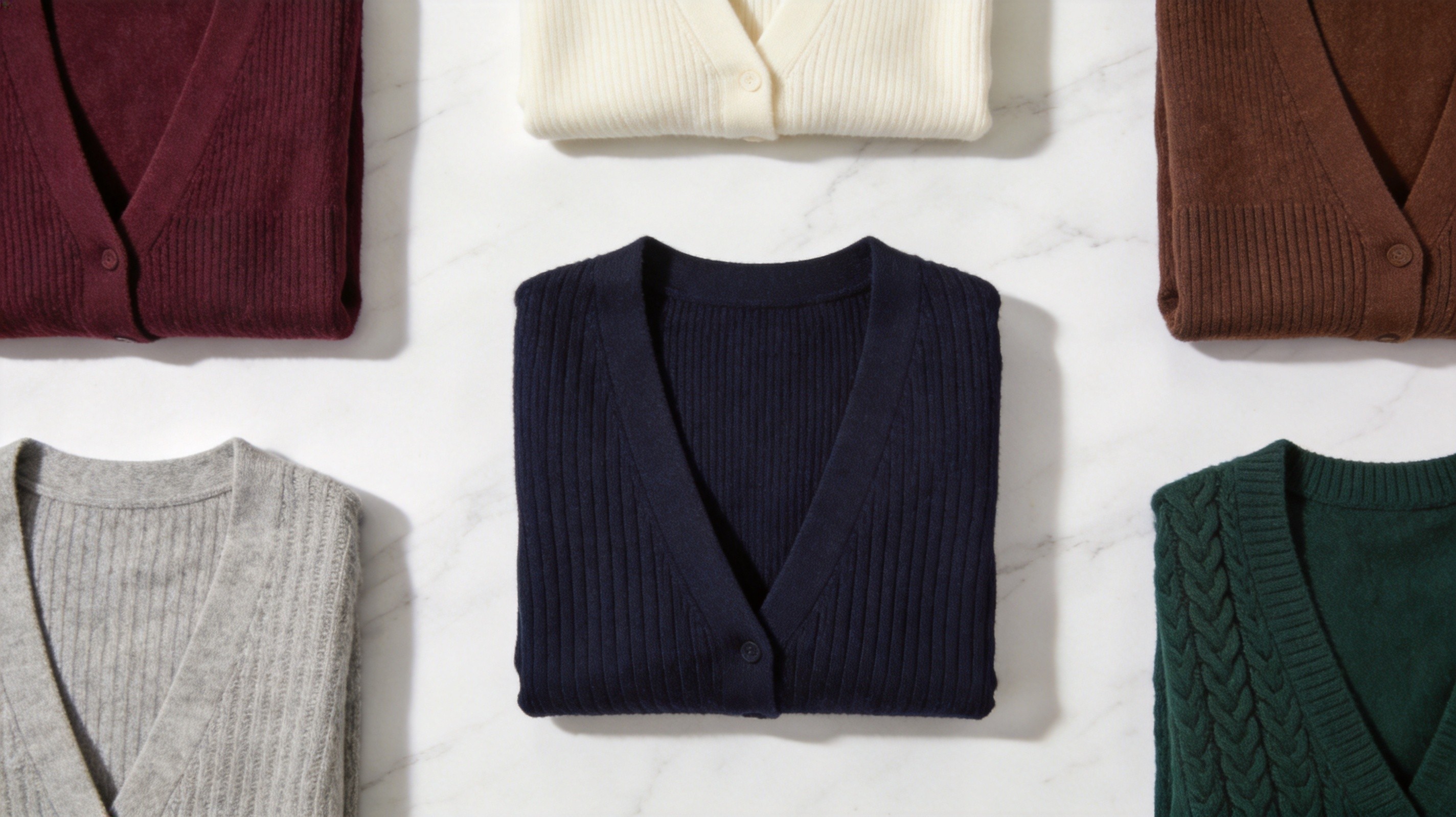 Overhead flat lay of deep V-neck cardigans and pullovers in burgundy, cream, chocolate brown, navy, grey marl and forest green, showing dramatic plunging necklines in cashmere, merino, ribbed and cable textures, B2B wholesale knitwear