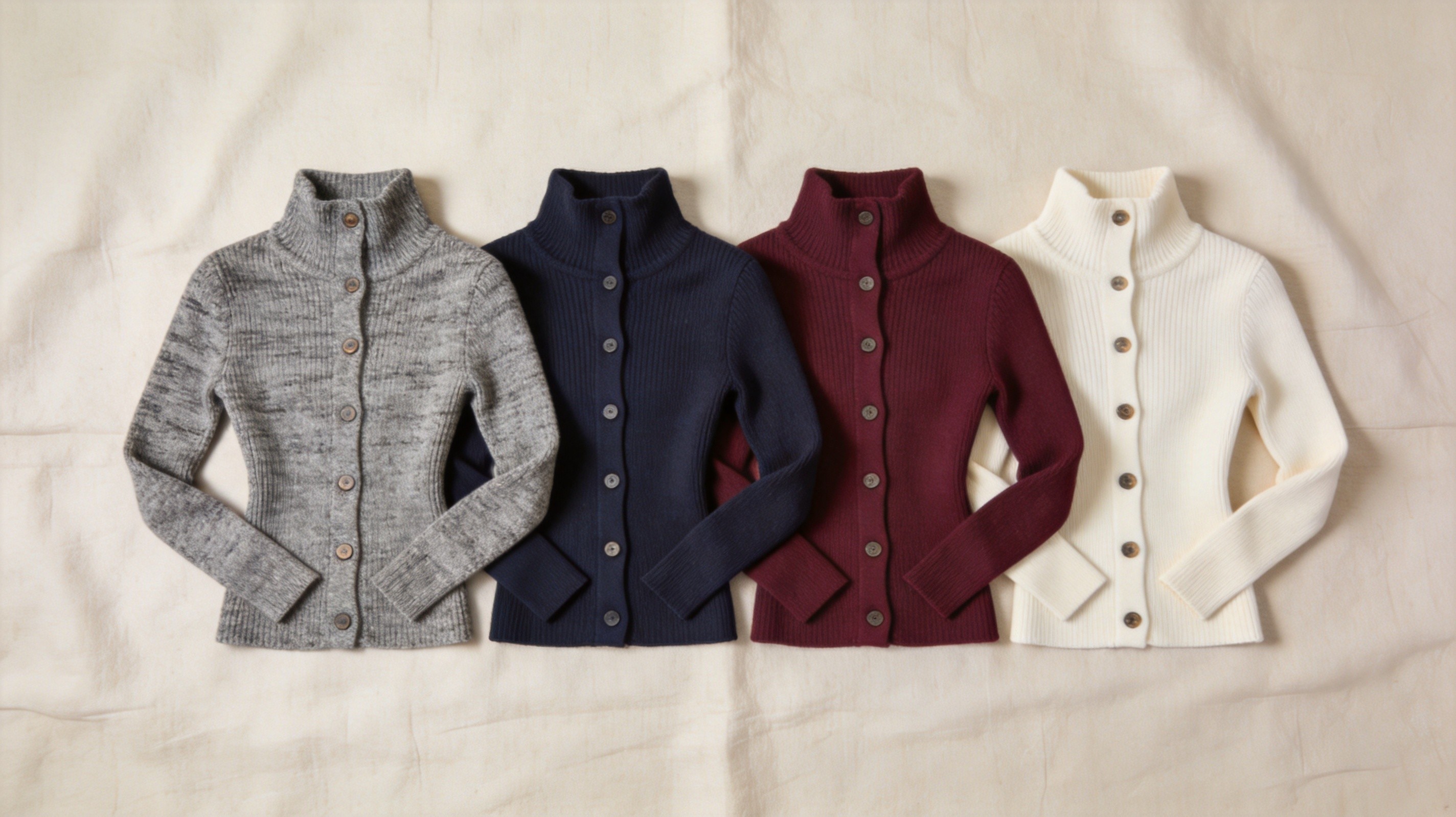 Overhead flat lay of fitted waist-defining cardigans in grey marl, navy, burgundy and cream, fine-gauge knits with high collars and button-front plackets