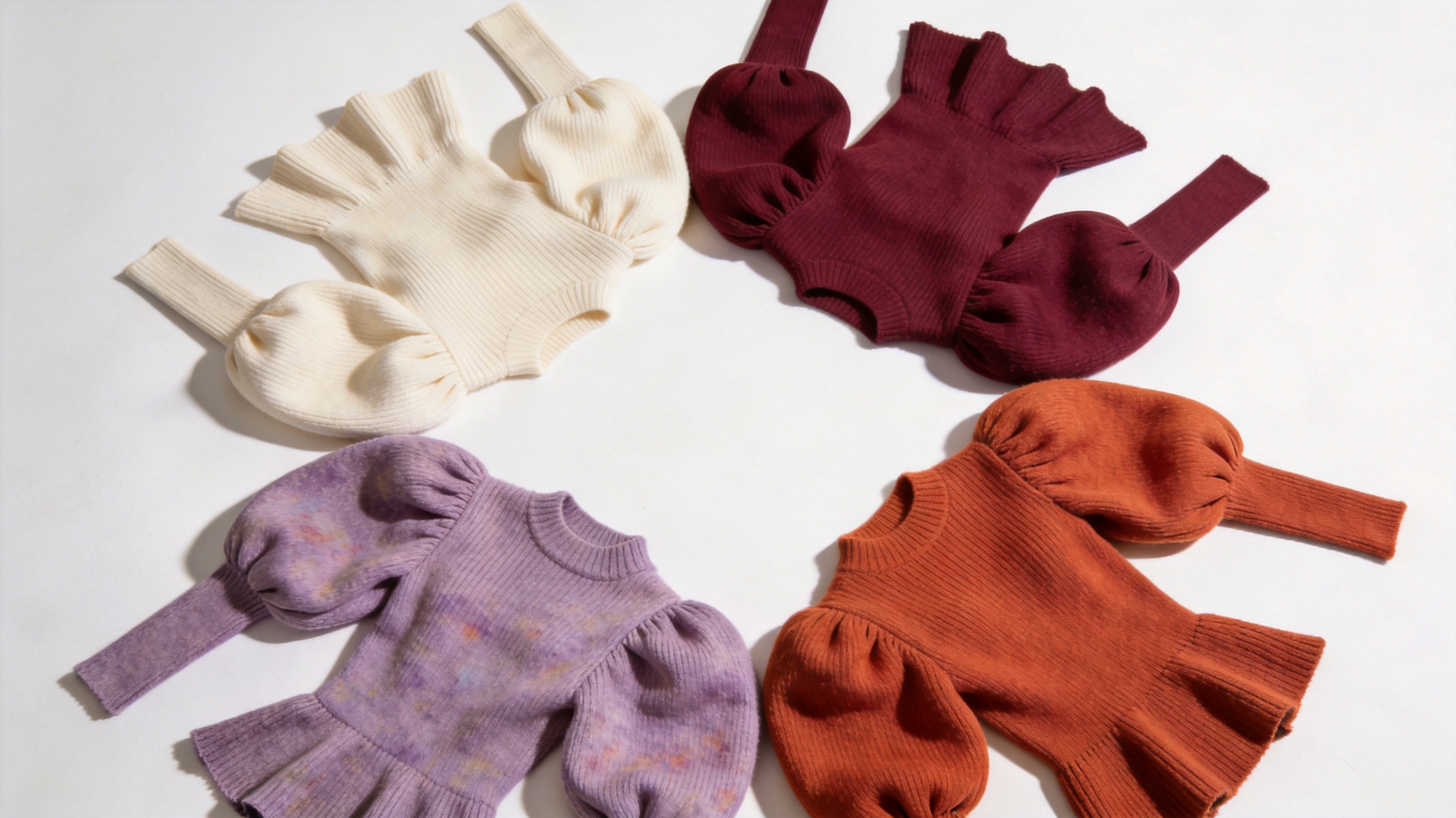 Editorial flat lay of architectural knitwear with dramatic balloon sleeves, puff sleeves and asymmetric hems in cream, burgundy, faded lilac and burnt orange, soft shadows emphasizing sculptural volume