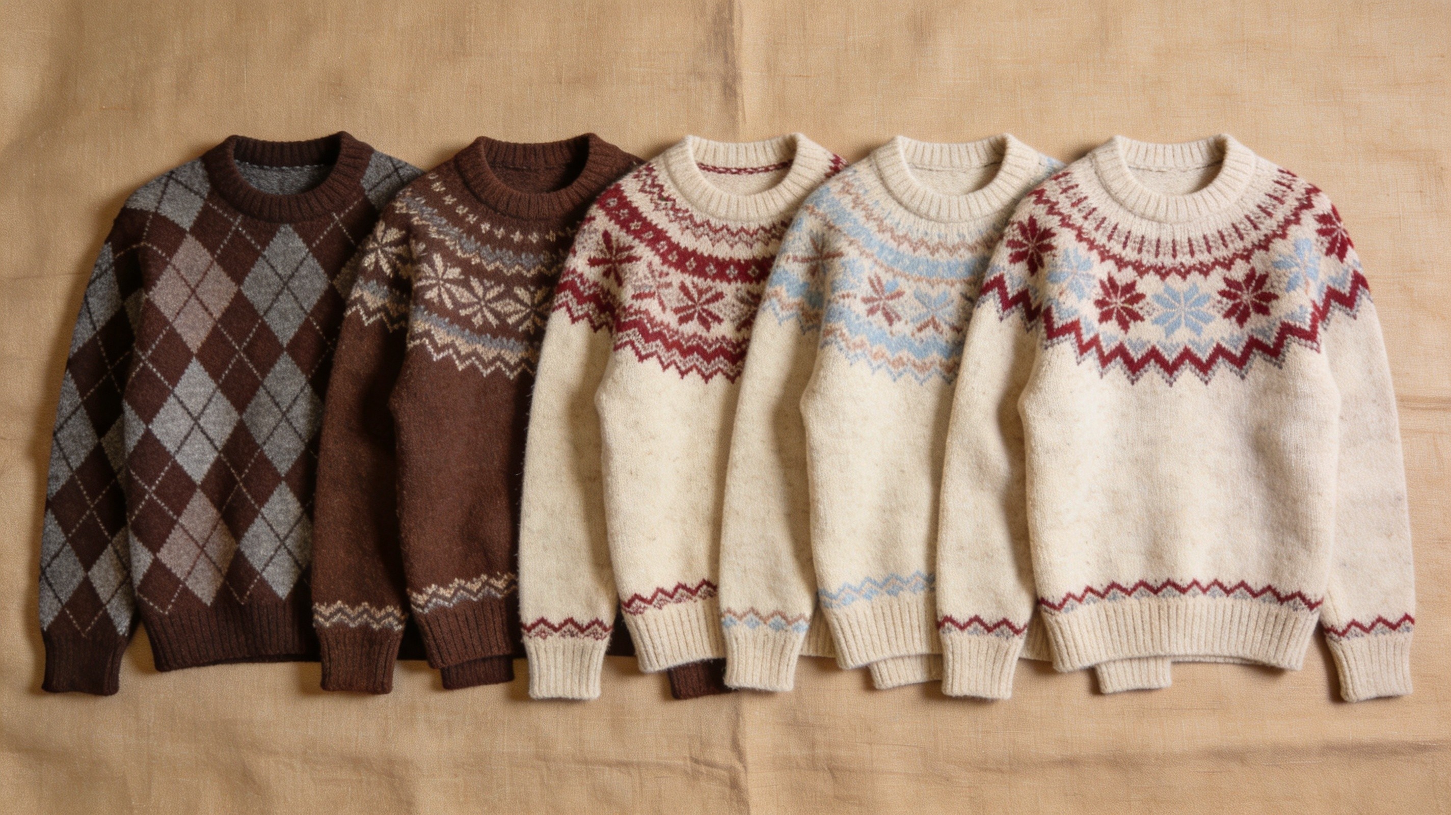 Overhead flat lay of tonal argyle sweaters, grey argyle knit vest and fair isle crew neck knits in muted chocolate, graphite, cream, oatmeal and olive palette, jacquard diamond and yoke patterns