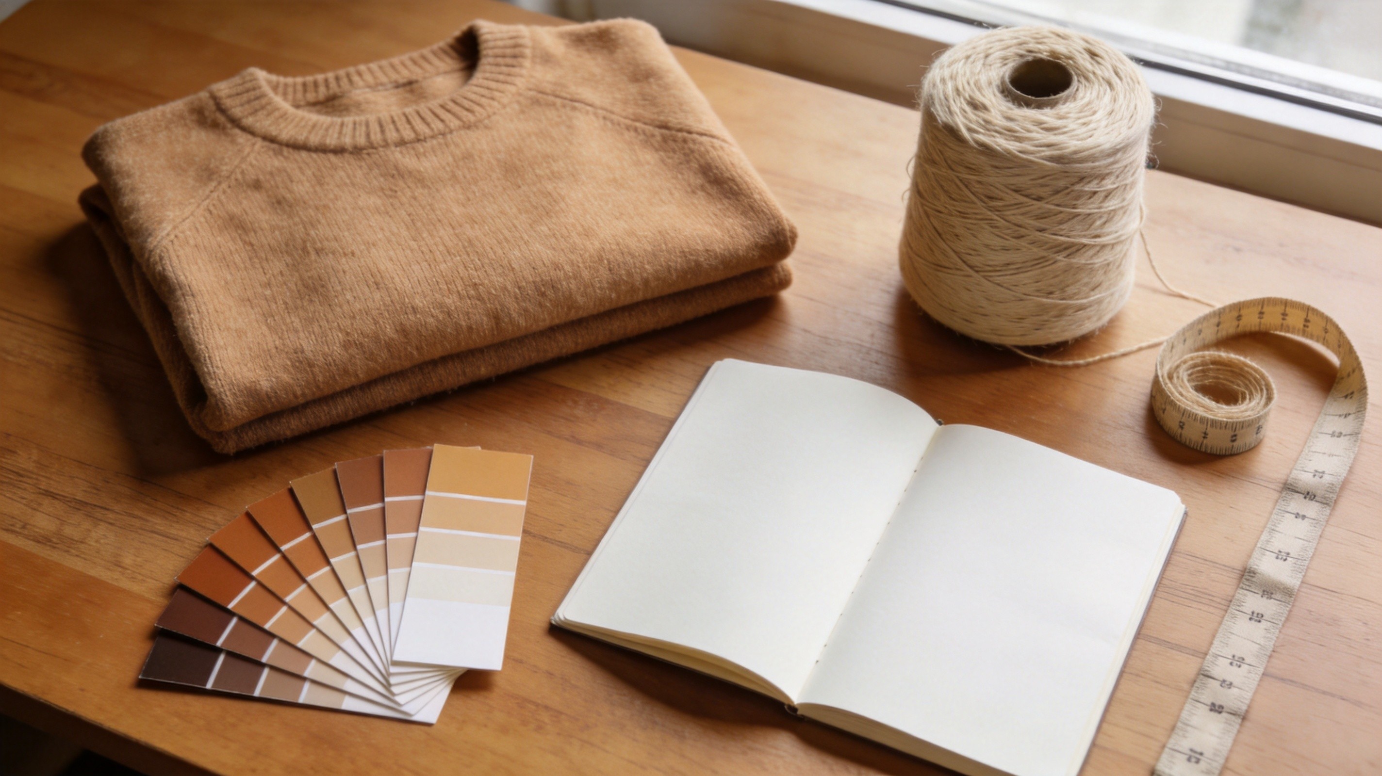 Flat lay of a knitwear sourcing kit on a warm wooden desk with neatly folded sample sweaters in burgundy, cream, grey and camel, fabric swatch cards in seasonal colors, yarn cones, a measuring tape and an open blank notebook